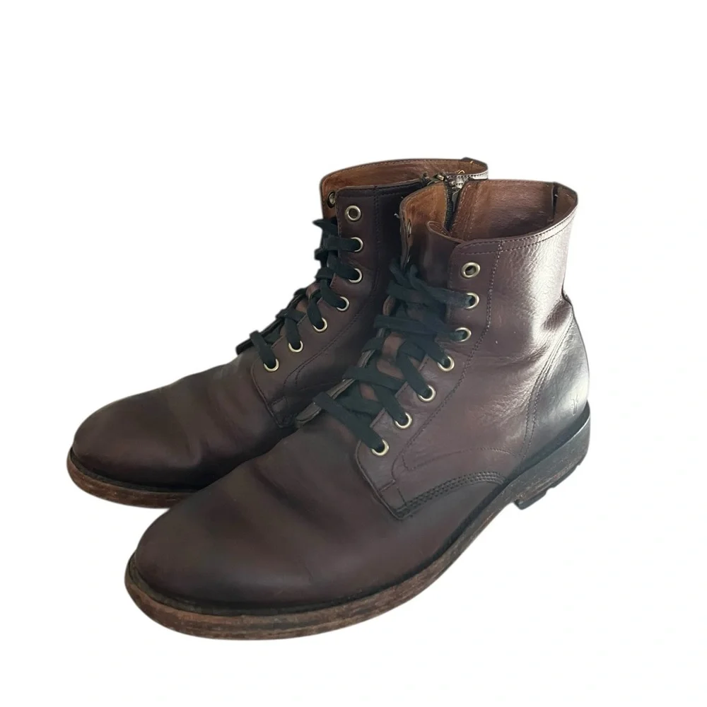 Frye Men's Bowery Lace-Up Side-Zip Boots - Size 9.5 - Brown Antiqued Leather - Picture 10 of 16